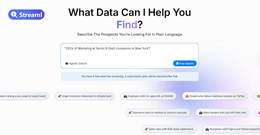 Streaml AI interface showing prospect search functionality